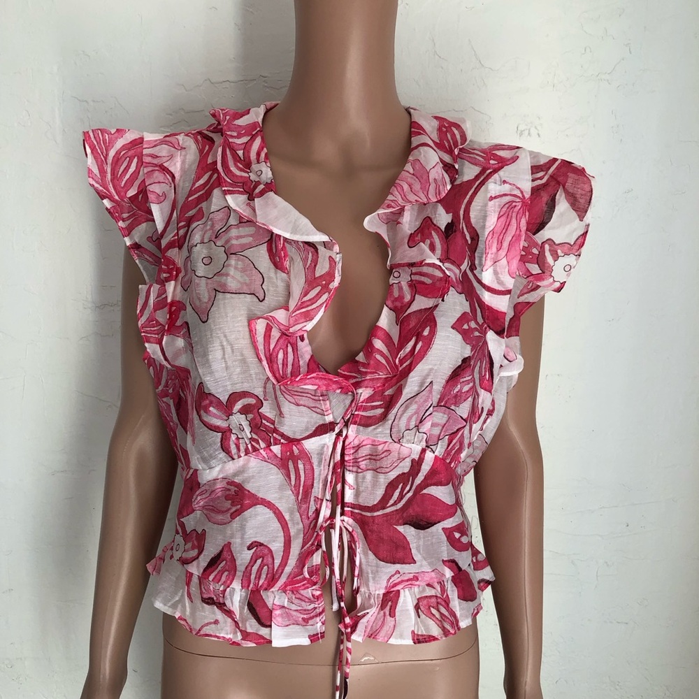 H&M Floral Pink/White Ruffled Trimmed Cropped Sheer Blouse Women’s Size M NWT